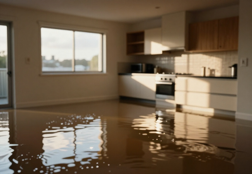 Water-damaged subfloor in a Clyde home before drying